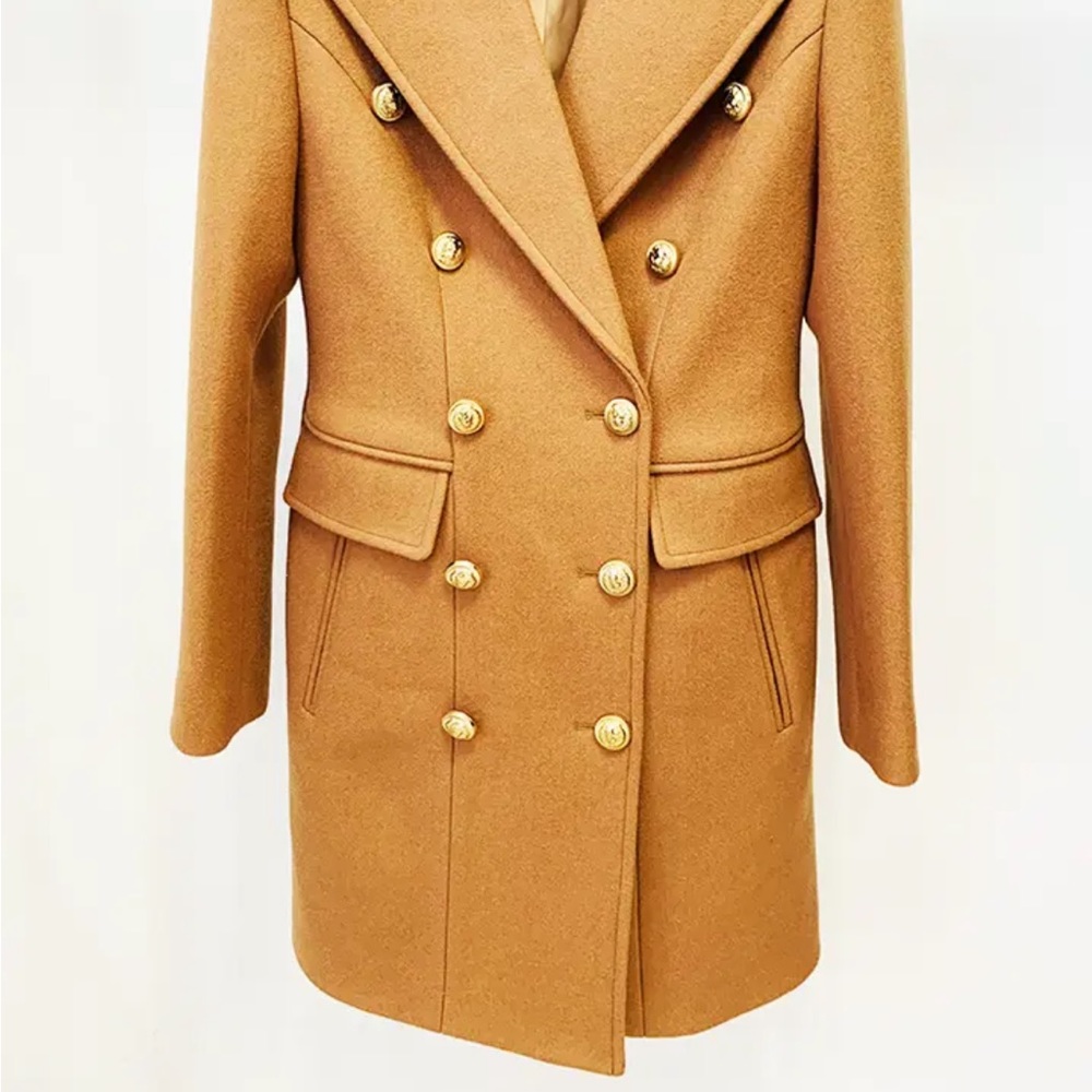 Wool Blend Camel Double-Breasted Pea Coat - Picture 5 of 16